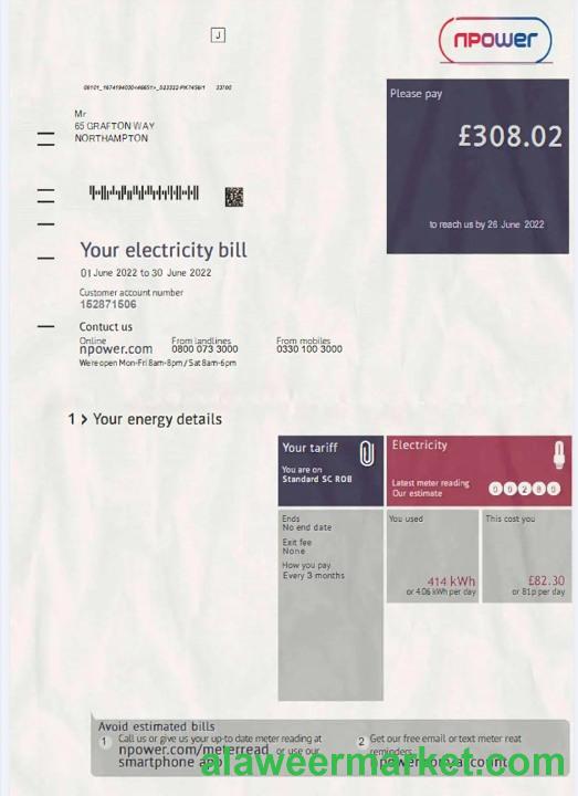 United Kingdom Npower electricity bill in PSD format